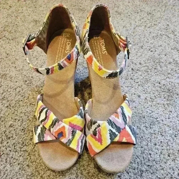 TOMS Multi-Color Espadrille Cork Wedge Sandal Women’s Ankle Strap Shoe, Size 7.5 - Picture 3 of 10